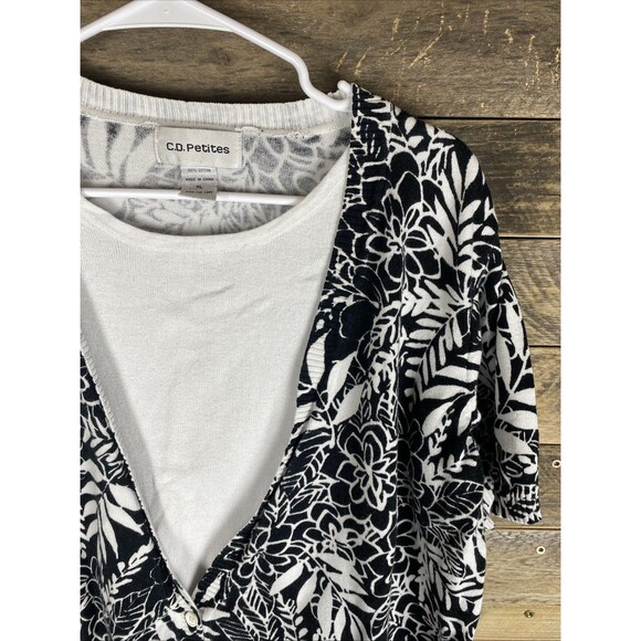 C.D. Petites Women's Sz XL Black & White Layered Floral Short Sleeve Sweater Top - Picture 3 of 10